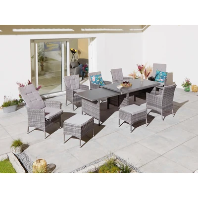 Abbildung von KONIFERA Garten Essgruppe &quot;Parla&quot;, (Set, 21 tlg., 6xSessel, 1x AZ Tisch 150 242,5cm,2x Hocker,inkl. Auflagen, Polyrattan), 2 der 6 Sessel sind verstellbar, Grau, Tischplatte aus Sicherheitsglas