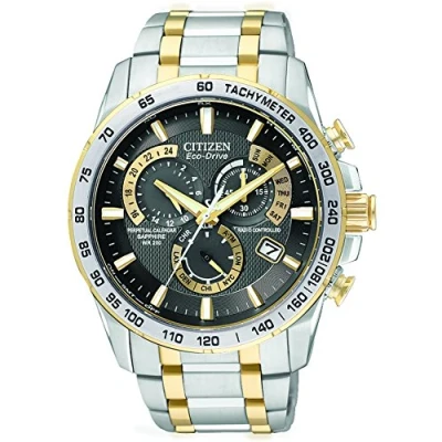 Abbildung von Citizen Herren Armbanduhr Eco Drive Chronograph at400452E mit einem schwarzen Zifferblatt und zweifarbigen Edelstahl Armband