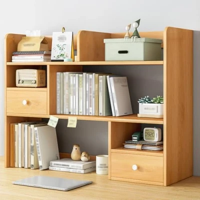 Abbildung von Ahtadums 2 Stufig Schreibtisch Bücherregal Massivholz Desktop Multifunktion Tischregale Organizer Ausstellungsregal Kinderschreibtisch (60cm)