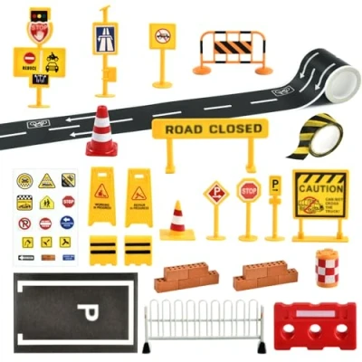 Abbildung von LQTSLFM 32 Stück Wichtel Zubehör Baustelle, Baustelle Set, Mini Verkehrszeichen Kinder, Miniatur mit Klebeband, Aufkleber, Absperrung, Rot Ziegel, Einzug