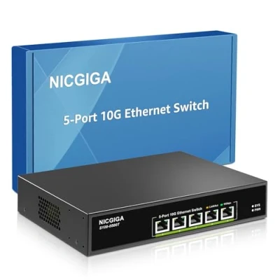 Abbildung von 5 Port 10G Ethernet Switch Unmanaged,with 5X 10Gb Base T RJ45 Ports, NICGIGA 10Gbps Network Easy for NAS,PC,WiFi7 Router,10G Adapter/NIC. Desktop or 19 inch Rack Mount, Plug and Play.