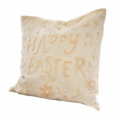 Abbildung von Loberon Kissenhülle Happy Easter, aufwendige Stickerei, mit Schriftzug &amp; floralen Details, Kissenbezug, Ostern, Ostertextilien, Osterdekoration, Baumwolle, Creme