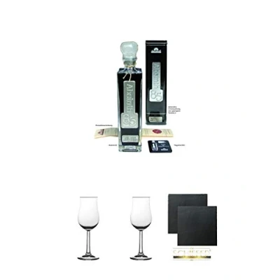 Abbildung von Absinth 66 85 Black Edition in Schmuckdose 0,5 Liter + 2 Bugatti Nosing Gläser mit Eichstrich 2cl und 4cl Schiefer Glasuntersetzer eckig ca. 9,5 cm Ø