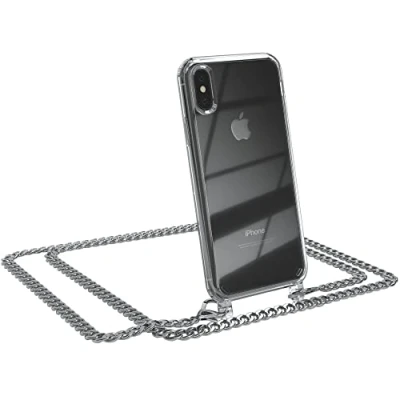Abbildung von EAZY CASE Handykette kompatibel mit iPhone XS Max Handyhülle Metal Umhängeband und Ersatz Kordel schwarz, Handykordel Schutzhülle, Stylische Kette, Silber