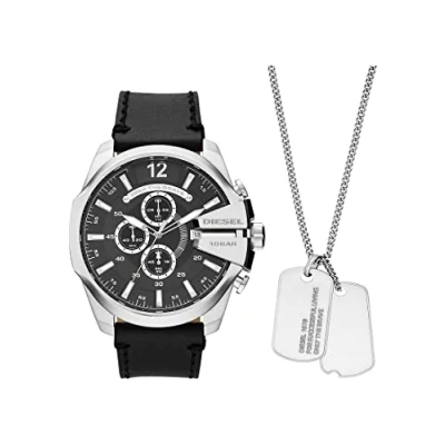 Abbildung von Diesel Herrenuhr Mega Chief, Chronographenwerk, 51 mm silberfarbenes Edelstahlgehäuse mit Lederarmband, DZ4559, Schwarz