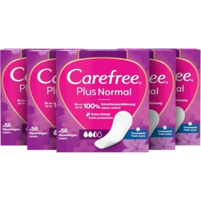 Abbildung von CAREFREE Slipeinlagen Plus Normal mit Frischeduft (5 x 56 Stück), super saugstark, um Flüssigkeiten sofort einzuschließen, Größe