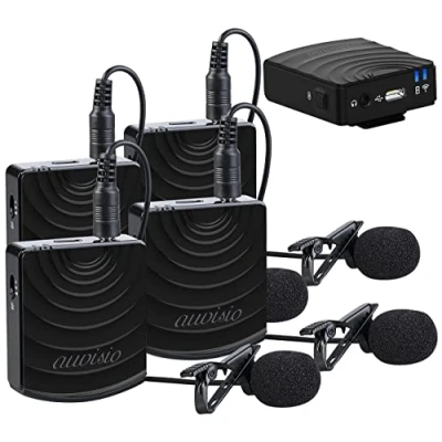 Abbildung von auvisio Mikrofon Funksets: Vier Digital Funkmikrofon &amp; Empfänger Sets, Klinke, 2,4 GHz, 25 m (Mikrofon Funksysteme, Klammer)