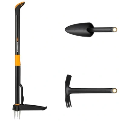 Abbildung von Fiskars Gartenwerkzeuge Set, 3 teilig, Xact Unkrautstecher, Rostfreier Stahl/Kunststoff, Solid Kombihacke und Blumenkelle, Glasfaserverstärkter Kunststoff, Schwarz/Orange, 1077307