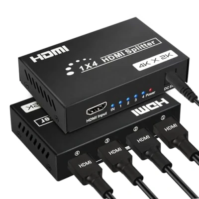 Abbildung von 4K HDMI Splitter 1 In 4 Out, Audio Video Verteiler mit Netzteil Gleichzeitig Monitore, 30M Lang Stabile Übertragung