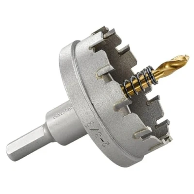 Abbildung von Starrett Hartmetall bestückte Lochsäge SM60 Blechschneider mit Aufnahme und Zentrierbohrer zum Bohren von Edelstahl Aluminiumlegierungen 60 mm