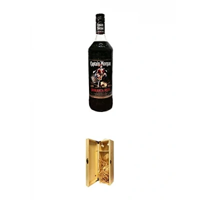 Abbildung von Captain Morgan Black Label Jamaika 1,0 Liter + 1a Whisky Holzbox für 1 Flasche mit Hakenverschluss
