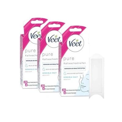 Abbildung von Veet PURE Kaltwachsstreifen Geeignet für sensible Haut Anwendung Gesicht Bis zu 28 Tage glatte 10 x Doppelstreifen à 20 Anwendungen 3er Pack