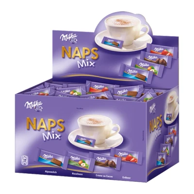 Abbildung von Milka Naps Mix 1 x 1,702 kg, Mini Schokoladentäfelchen aus Alpenmilch, Erdbeer, Haselnuss und Crème au Cacao