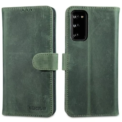 Abbildung von LENSUN Lederhülle für Samsung Galaxy S20 FE, Echtleder Hülle [Wallet Fach][RFID Blocker][Echtes Leder] Handyhülle Schutzhülle FE 4G/5G Retro Grün
