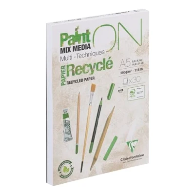 Abbildung von Clairefontaine 975740C Block Paint&#039;ON, geleimt, DIN A5, 30 Blatt Recycling Papier weiß 250g, perfekt für Trocken und Nasstechniken, 1 Stück
