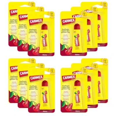 Abbildung von Carmex Cherry Tube Lippenpflege für trockene Lippen, Lippenbalsam feuchtigkeitsspendend und beruhigend rissige mit Sonnenschutz, Vaseline, Vitamin E Bienenwachs (12 x 10 g)