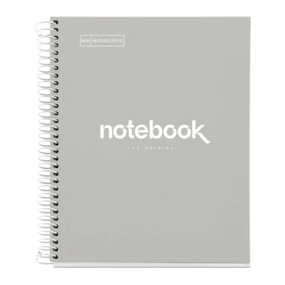 Abbildung von Miquelrius Notizbuch A5 Notebook, 1 farbiger Streifen, 80 Blatt mit raster 5 x mm, Papier 90 g/m² mikroperforiert 2 Bohrungen für Ringe, Einband aus Karton, Farbe Grau