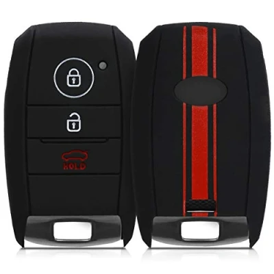 Abbildung von kwmobile Autoschlüssel Hülle kompatibel mit Kia 3 Tasten Smartkey Schlüsselhülle Rallystreifen Sidelines Rot Schwarz