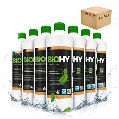 Abbildung von BiOHY Flüssig Seife (9 x 1 Liter) Hautschonende, rückfettende &amp; flüssige Handseife PHOSPHATFREI geruchsneutrale Hygiene auch für das Gesicht geeignet ohne Parfüm Farbstoffe