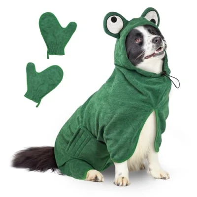 Abbildung von Bibykivn Bademantel für Hunde, Hundebademantel Aus Mikrofaser, Verstellbares Halsband Mit Klettverschluss Schnell Trocknend Badetuch Große Mittelgroße Kleine Hunde/Katze (Grüner Frosch, M)