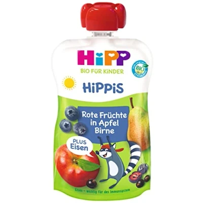 Abbildung von HiPP Bio für Kinder HiPPiS Frucht plus Rote Früchte in Apfel Birne Eisen Willi Waschbär, 6er Pack (6 x 100 g)