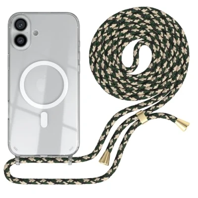 Abbildung von EAZY CASE Handykette kompatibel mit iPhone 16 Plus Kette zum Umhängen Stoßfest Handyhülle für Apple Silikon Hülle Band Handytasche Transparent als Fallschutz in Grün Camouflage