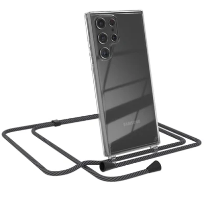 Abbildung von EAZY CASE Handytasche zum Umhängen kompatibel mit Samsung Galaxy S22 Ultra 5G, Handyhülle Band, Transparent Kameraschutz und Bildschirmschutz, Lanyard in Schwarz/Anthrazit Clips Schwarz