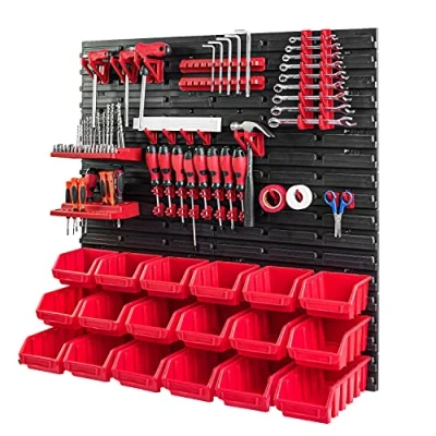 Abbildung von PAFEN Werkzeugwand mit Stapelboxen 772 x 780 mm Lagersystem Set Werkzeughaltern und 24 Stück Box Wandregal Werkstattregal Lochwand Schüttenregal Sichtlagerkästen