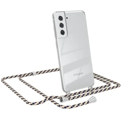 Abbildung von EAZY CASE Hülle mit Kordel Samsung Galaxy S21 FE 5G, Transparente Handyhülle verstellbarem Kettenband zur Umhängeband, Kette, Ersatzgurt in Taupe Camouflage Clip Silber