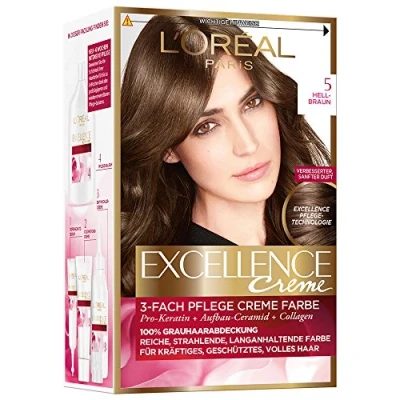 Abbildung von L&#039;Oréal Paris Permanente Haarfarbe, 100 Prozent Grauhaarabdeckung, Haarfärbeset mit Coloration, Shampoo und 3 Fach Pflege Creme Farbe, Excellence Crème 5 Hellbraun