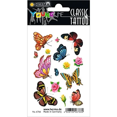 Abbildung von HERMA 6766 Temporäre Tattoos Schmetterlinge, 15 Stück, Klebetattoos zum Aufkleben, Fake Aufkleber mit Blumen Motiv, Kindertattoos Sticker für Geburtstag Fasching Karneval Kinder Erwachsene