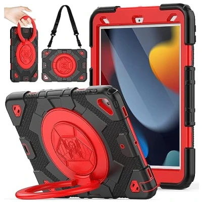 Abbildung von DAORANGE Hülle für iPad 9. Generation, 8. / 7. Stoßfeste mit Displayschutzfolie, 360 Drehbar Ständer &amp; Griff, Schultergurt, 10.2 2021/2020/2019 (Schwarz/Rot)