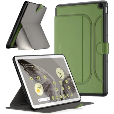 Abbildung von Poetic Explorer magnetische Folio Ständerhülle, entworfen für Google Pixel Tablet (2023), Fidget Mount Hülle Tablet, Militärgrün