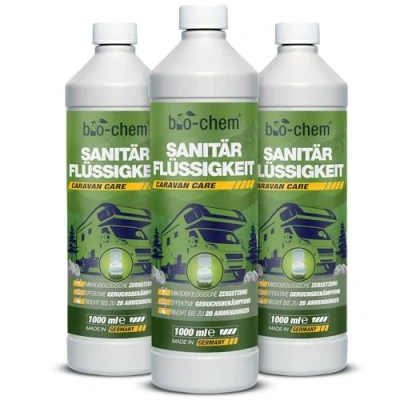 Abbildung von bio chem Sanitärflüssigkeit für Campingtoilette 3x 1 L inkl. Dosierbecher Mikrobiologischer Toilettenzusatz hochkonzentriert Wirkt gegen Fäkalien, Papier &amp; Gerüche im Fäkalientank Made in DE