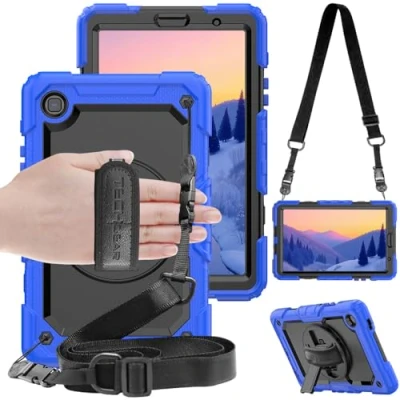Abbildung von TECHGEAR Utility Hülle Kompatibel mit Samsung Galaxy Tab A7 Lite 8.7 (SM T220/SM T225) Robust Stoßfest Outdoor Schutzhülle 360 Grad Schwenkständer, Hand Schultergurt, Eingebaut Bildschirm Blau