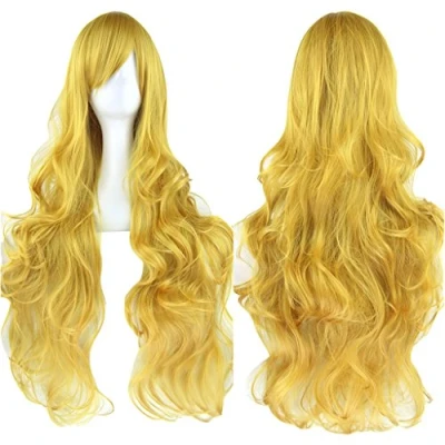 Abbildung von Fouriding 31&quot; Yellow Women&#039;s Long Curly Wave Cosplay Party Wigs Hairpieces Hair Cap Lolita Style Anime Wig