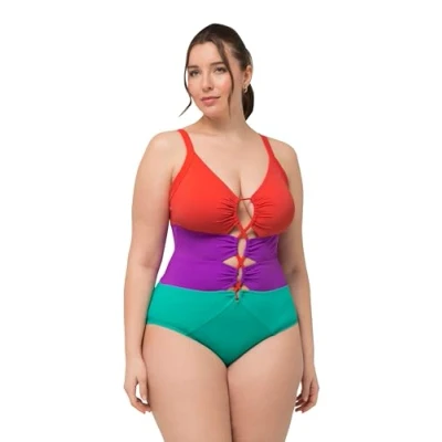 Abbildung von Ulla Popken Colorblock Plunging Neckline Badeanzug, Damen, Größe: 44, Sea ​​green