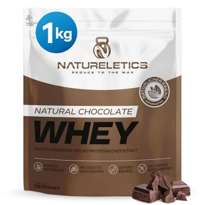 Abbildung von NATURELETICS SCHOKO 1kg Natürliches Premium Whey Protein aus Deutschland ohne Zusatz von Zucker, Süßstoffe, Aspartam &amp; Sucralose kohlenhydratarm 22,4 % BCAA reines Eiweißpulver