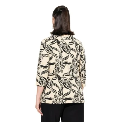 Abbildung von Ulla Popken LEAF Print 3/4 Sleeve Vneck Langarmshirt, Damen, Größe: 50/52, Light champagne