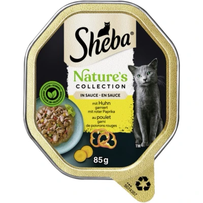 Abbildung von Sheba Nature&#039;s Collection in Sauce mit Huhn garniert roter Paprika