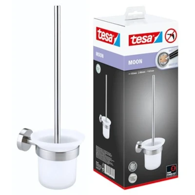 Abbildung von tesa WC Reinigungsbürste MOON Bürstenhalter ohne Bohren 39 cm : 11,5 14,7 cm, Badezimmer, Gäste WC, Wandmontage, (Packung, 1 tlg), selbstklebende Bürste für Wandmontage Edelstahl silber matt
