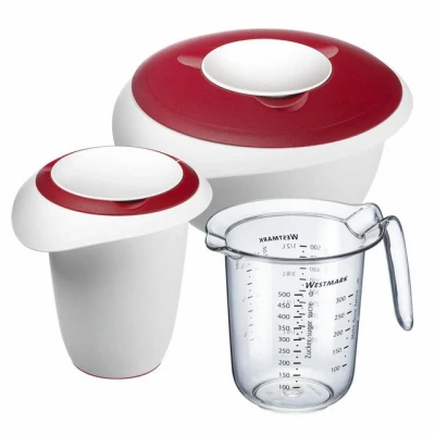 Abbildung von Westmark Back Set, 3 tlg.: 1 Rührschüssel 2,5 l, Quirltopf Messkanne Kunststoff, Weiß/Rot/Klar, 315322E7