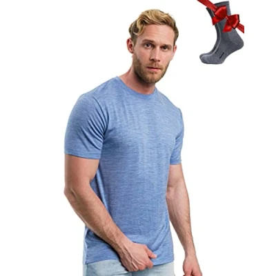 Abbildung von Merino.tech Merinowolle T Shirt Herren 100% Bio Unterhemd Leichte Basisschicht + Wanderwollsocken (Deep Blue, Large)