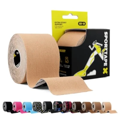 Abbildung von SPORTTAPE Kinesiologie Tape Beige 5 cm x m Kinesiotapes und sport bei verletzungen schmerzen Elastisches hypoallergen physio KinesioTape wasserfest Knie Muskel