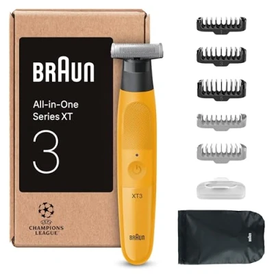Abbildung von Braun Series XT3 All in One, Trimmer, Groomer, Elektrorasierer, +7 Zubehörteile, Scharfe 4D Flex Klinge, Bart Styler, Trimmen &amp; Rasieren, XT3205, Gelb