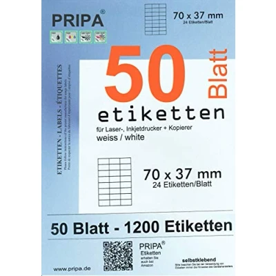 Abbildung von pripa Amazon FBA Versand Etiketten 70,0 x 37,0 mm 24 Stueck auf A4 50 Blatt DIN selbstklebende DHL Post