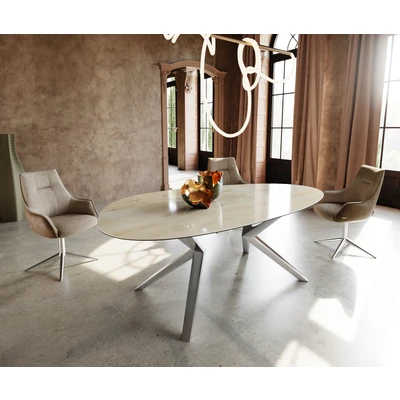 Abbildung von Esstisch Edge Oval 220x120 Keramik Iris FMG Onice Oro Zenthara kantig Edelstahl