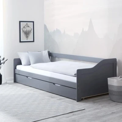 Abbildung von Homestyle4u Tagesbett 90x200 ausziehbar Holzbett Grau mit Lattenrost Matratze Ausziehbett Gästebett Kojenbett Jugendbett
