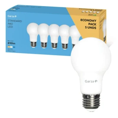 Abbildung von Garza A60 Standard LED Glühbirne, E27 Sockel, warmes Licht (3000k), 9W, 810 Lumen, 240 Abstrahlwinkel, CRI 80 (5er Pack).