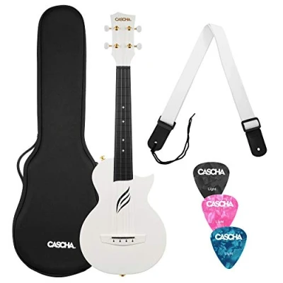 Abbildung von CASCHA Konzert Ukulele Set aus Kohlefaser I Carbon Starter Kit mit 3 Plektren Tasche Gurt Fluorcarbon Saiten Kleine Hawaii Gitarre für Anfänger Fortgeschrittene Weiß